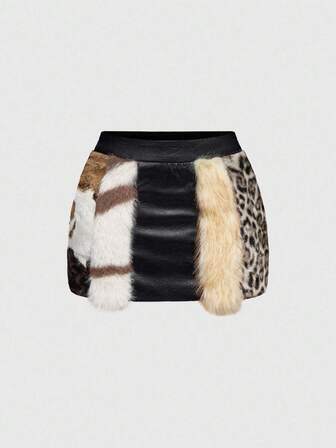 Hippie Plus Size Autumn/Winter Leather Patchwork Animal Fur Sexy Mini Skirt