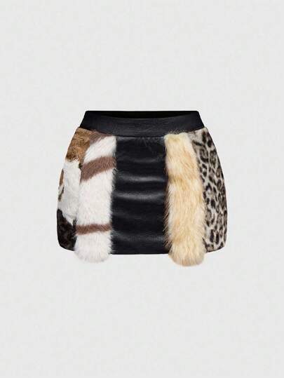 Hippie Plus Size Autumn/Winter Leather Patchwork Animal Fur Sexy Mini Skirt