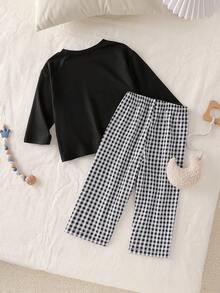 2pcs/Set Toddler Boys' Casual Bear Print Loose Fit Long Sleeve Top And Plaid Straight Leg Pants Pajama Set Checkered Baby Boy Clothes Boy Pajamas Set Pajama Baby Set Baby Boy Two Piece Set Baby Boys 2pcs - Black - View 2