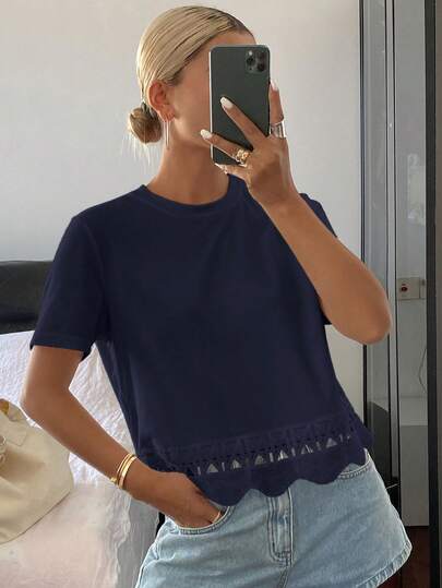 DAZY Blusa de verano casual de mujer de unicolor, cuello redondo ajustado, manga corta con aplicación de encaje