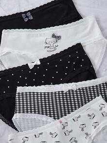 极简黑白猫咪印花可爱女童内裤，中腰学生三角裤，卡通打底裤 - 彩色 - 查看 6