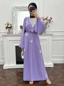 Al Najma Đầm nữ cổ chữ V đính hạt cườm, tay loe, họa tiết bướm, kiểu dáng thanh lịch Ả Rập. - trắng - Xem 5