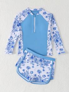 SHEIN Tween Girls Long Sleeve Rash Guard Swimwear 8-14Y,Blue Floral 2Pcs Bathing Suit With Shorts Zipper,White Summer Casual Pool Party Vacation Holiday - Blue - View 8