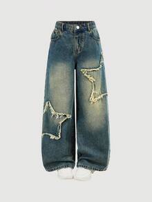 时尚少女休闲深蓝色星星字母印花阔腿牛仔裤，宽松版型，修身显腿长，适合校园、周末户外活动、日常休闲穿着，秋季必备。 - 藍色 - 查看 6