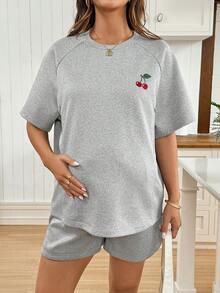 SHEIN Maternity Clothes Maternity Co-Ord Set 2pcs Maternity Casual Cherry Print T-Shirt And Shorts Breastfeeding Set, Summer