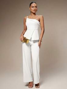 Silquee Conjunto de top de tirantes y pantalones con cuello asimétrico para mujer - Blanco - Ver 1