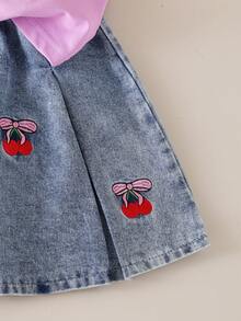 Elladie kids 2pcs/Set Young Girls Cute Round Neck Knitted Cherry Embroidered Sleeveless Top And Denim Pleated Embroidered Denim Skirt, Sweet And Lovely Summer Outfit