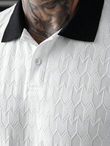 OTTIMOZO 撞色领纹理面料Polo衫，短袖纹理Polo衫，黑色领Polo衫，男士Polo衫，白色Polo衫，男士图案Polo衫，男士春夏新款：白色时尚几何纹理纽扣短袖Polo衫，针织提花Polo衫 - 白色 - 查看 7