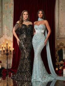 Glamrae Vestido de noche de fiesta de talla grande para mujer con cuello Mao, diseño con perlas falsas, lentejuelas y flecos