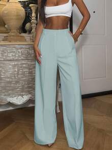 Ronhire Women's Plain Simple High Waist Straight Leg Trousers - Blue - View 5