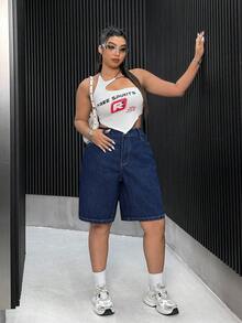 SHEIN ICON Quần short denim dáng suông màu trơn, cỡ lớn, có túi. - Rửa tối - Xem 5