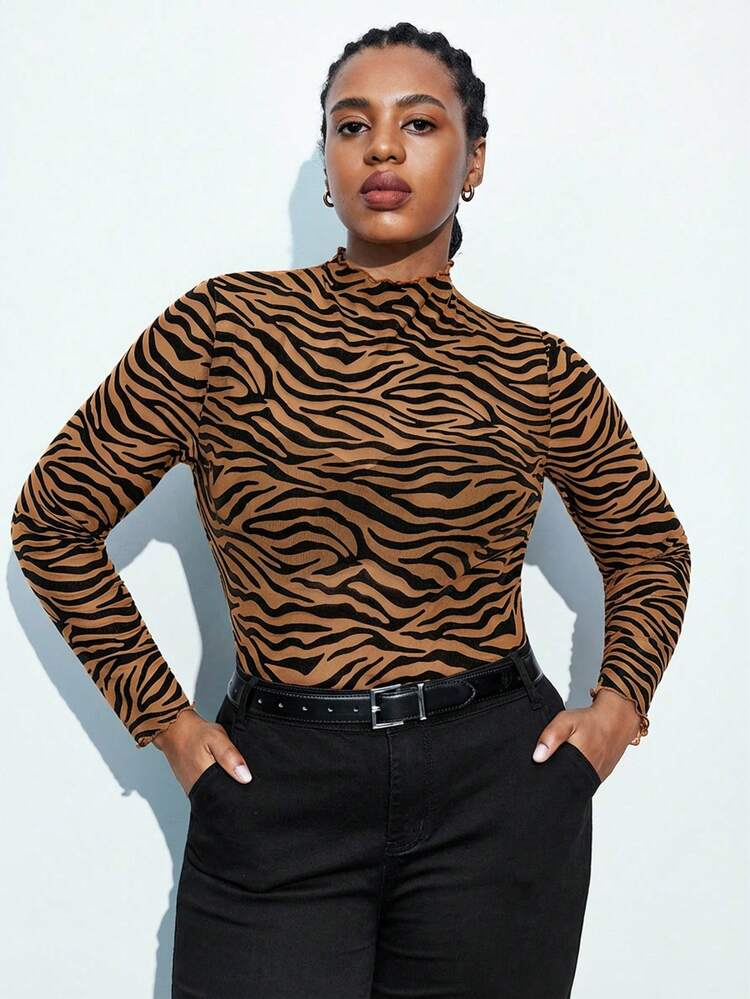 SHEIN Maija Plus Size Women Zebra Print Mock Neck Long Sleeve Top With Sheer Mesh Panel, Elegant & Sophisticated Urban Casual Business Attire, Office Wear, Suitable For Summer, Valentine's Day Spring To Summer Spring Women Valentine's Day Carnival Fashioning Women Costume Party Beach Wedding Vacation Casual Tiger Print Top