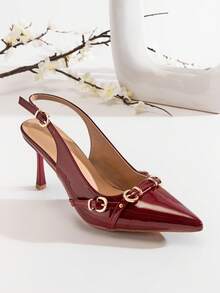 SHUZIA Women's Elegant Buckles Decor Sling-Back Pumps Valentine's Day - Burgundy - View 6