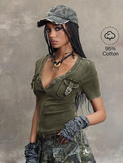 Grunge Punk T-shirt court à manches courtes pour femmes, vintage, délavé, en tricot, avec poche, coupe basse, noir et gris tacheté