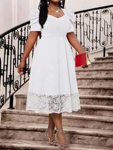 SHEIN Lady Vestido elegante de fiesta de talla grande con parches de encaje de unicolor - Blanco - Ver 6