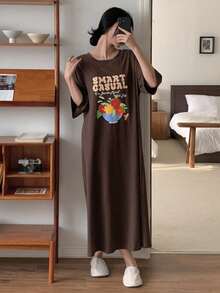 DAZY Letter Bouquet Print Loose Fit Mid-Length T-Shirt Style Women Nightgown - Brown - View 8