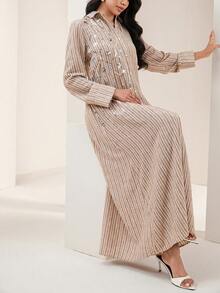 Veilorie 女士条纹长袖亮片拼接单排扣休闲阿拉伯连衣裙 - 卡其色 - 查看 6