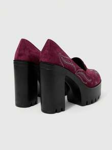 ROMWE Goth Women's Solid Color Suede Thick Sole Chunky Heel Pumps Spring/Autumn Fashion Strap Shoes With Embroidered Plant & Moon Pattern, Comfortable High Heel Shoes Valentine's Day - Burgundy - View 4