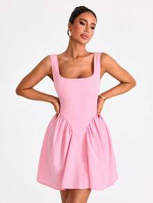 EURMUSE Pinterest 可爱女孩迷你连衣裙，方领上衣，无袖衬衫，少女风荷叶边，夏日时尚，日间女性化，天然棉质面料，系列 - 淺粉色 - 查看 4