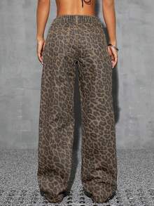 SHEIN SXY Spring Plus Size Women Cowgirl Style Leopard Print Non-Stretch Straight Leg Pants, Spring - Apricot - View 3