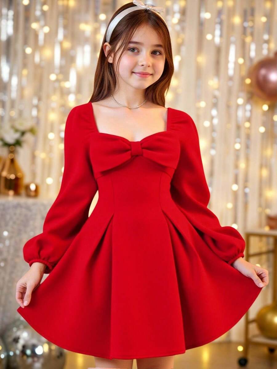 Pitira 青少年女孩派对装，红色大蝴蝶结长袖腰部 A 字女孩派对圣诞舞会优雅复古短裙，冬季，红色，派对，节日，冬季，优雅，复古，圣诞节，新年，天鹅绒 - 紅色 - 查看 1