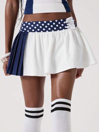 ROMWE Avant Minifalda de mujer de cintura baja con pliegues de doble capa, en estilo deportivo chic con parches de lunares y colores contrastantes