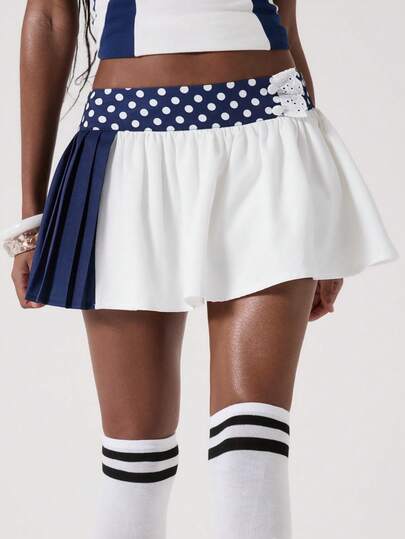 ROMWE Avant Jupe mini femme à taille basse, plissée, avec patchwork bicolore et motif à pois, style sportswear chic