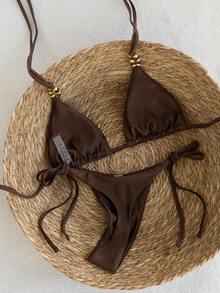 Swim Vcay 2026 Spring/Summer Spaghetti Strap Halter Knotted Gold Beaded Red Shiny Fabric Side Tie High Cut Bottoms Women's Bikini Set Brown Bathing Suit Triangle Bikini Set Brown Bikini Set Tie Bikini Set - Brown - View 2