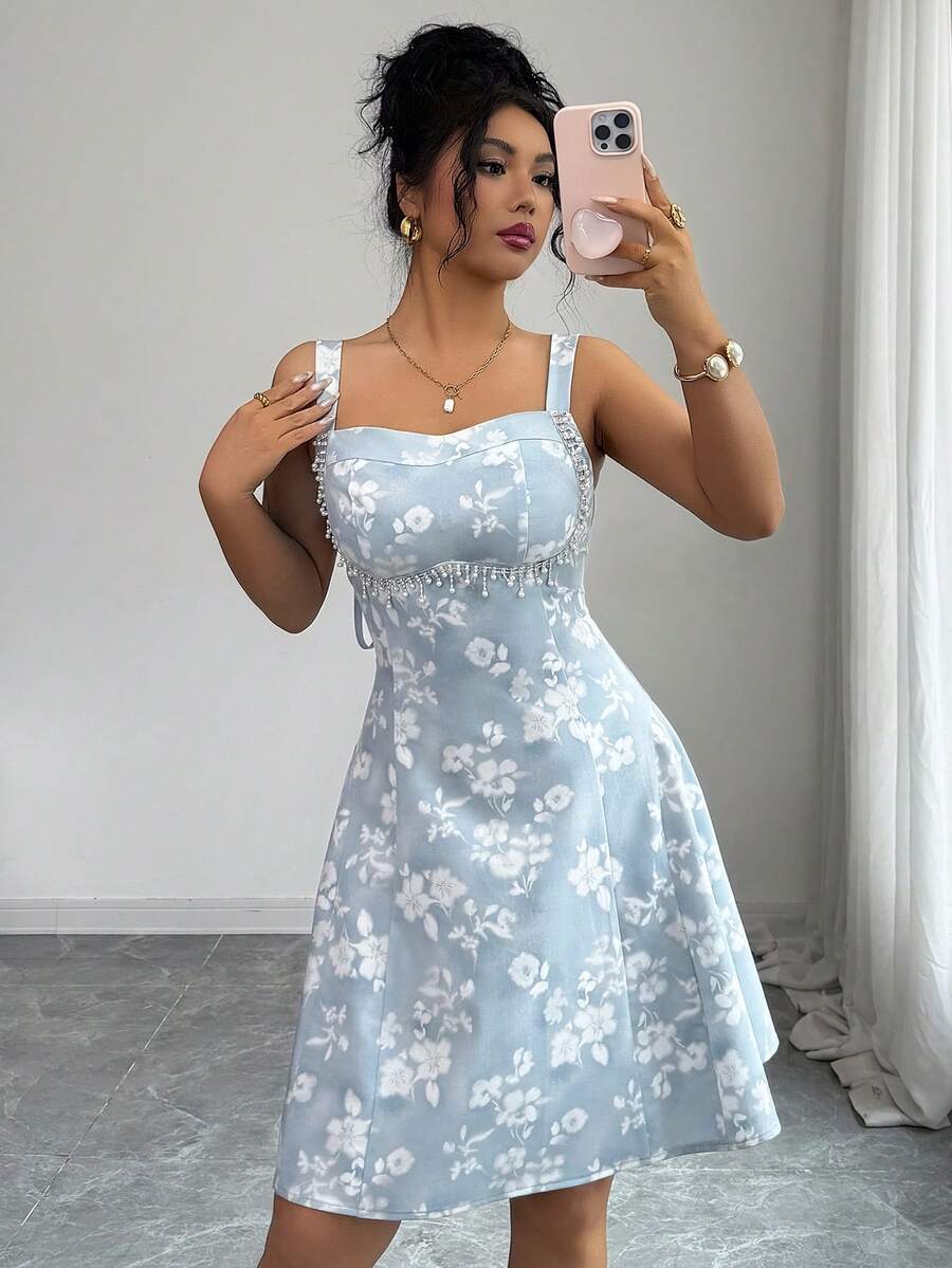 Modelyn 女士优雅法式小众设计手工串珠收腰无袖吊带迷你连衣裙 - 淺藍色 - 查看 1