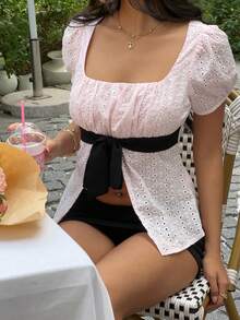 Sunnyshic Women's Pink Embroidered Waist Bow Tie Blouse, Sweet, Suitable For Vacation, Picnic, Versatile