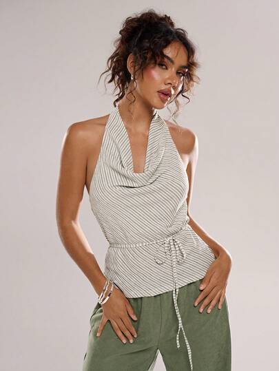 Avantive 女士条纹垂褶领扭腰设计时尚百搭衬衫