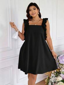 SHEIN Frenchy Plus Size Summer Romantic Elegant Ruffle Patchwork Women Dress, Suitable For Beach Vacation, Wedding Season, Romantic Date - Black - View 1