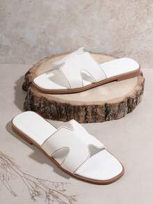 SHUZIA Women Shoes Minimalist Open Toe Thin Flat Bottom Everyday Basic Slip-On Slippers PU White Sliders