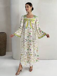 Yasmyna Women's Casual Loose Butterfly Print Party & Travel Arabic Flare Sleeve Dress - Blue - View 7