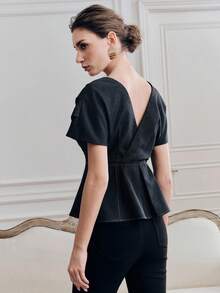 Anewsta Women's Elegant Pleated V-Neck Party/Valentine's Day Blouse With Shoulder Sleeves, Spring/Summer - Navy Blue - View 2