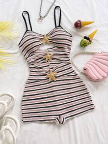 Soleia 女士金属海星镂空条纹性感吊带连体衣，适合派对和居家穿着 - 卡其色 - 查看 7