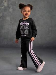 SHEIN How to Train Your Dragon Young Girl Casual Letter & Cartoon Pattern Crew Neck Sweatshirt And Contrast Striped Side Flare Leg Pants Set, Autumn - Black - View 1