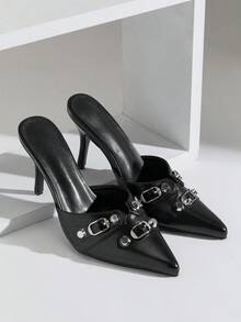 SHUZIA Women's Elegant Stylish Buckle Decor Point Toe Slip-On Stiletto Pumps Valentine's Day - Black - View 7