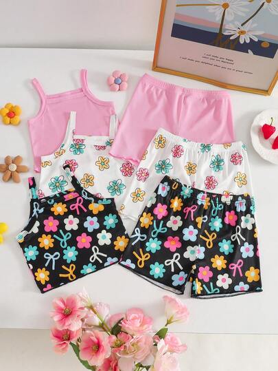 6件套女婴甜美可爱上衣短裤套装，舒适百搭的夏季服装，适合0-3岁婴幼儿，可用于室内、室外、日常穿着、玩耍、派对、拍照、度假等场合。