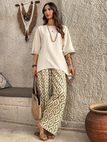 EMERY ROSE Women's Vacation Solid Color 3/4 Sleeve Top And Geometric Print Wide Leg Pants Casual 2 Pieces Set Blouse And Pants Set Two Piece Set Women Ladies Casual Sets 2 Piece Linen Sets Woman Vacation Outfits Women Casual Women's Dresses  Casual Women's Dresses - Khaki - View 6