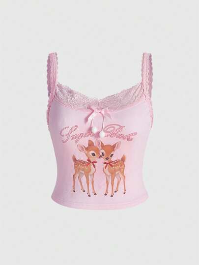 Débardeur en tricot rose imprimé de cerfs kawaii mignons en forme de cœur, débardeur à bretelles fines grande taille