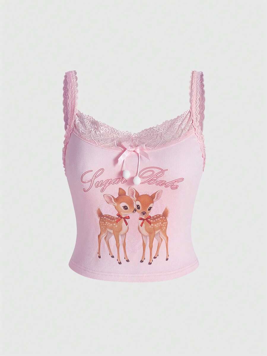 ROMWE Kawaii 可爱小鹿爱心字母印花粉色针织吊带背心，加大码细肩带背心 - 粉色 - 查看 1