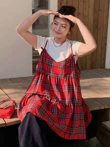 Dazy Plus Valentine Plaid Pattern Casual Christmas & New Year Loose A-Line Camisole And Tank Top, Versatile - Red - View 7