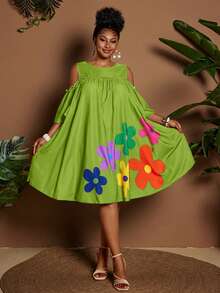Maweii Summer Off-Shoulder Round Neck Cartoon Floral Casual Vacation Dress - Green - View 5