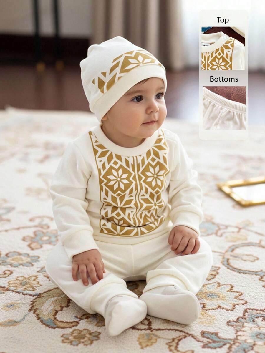 SHEIN 2pcs Newborn Baby Boys Print Long Sleeve T-Shirt+Elastic Waist Pants Casual Retro Outfit Set,White,Winter,Cute,Family Matching Muslim Arab Clothes - Apricot - View 1