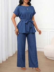 SHEIN Lady 女士纯色圆领短袖卷边收腰休闲简约两件套 - 藍色 - 查看 4