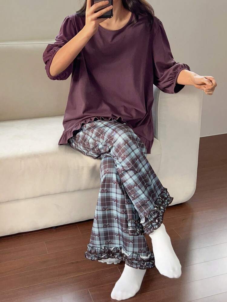 Women's Solid Color Lantern Sleeve Ruffle Trim Loose Top & Plaid Bow Pattern Pajama Pants Sleepwear Set