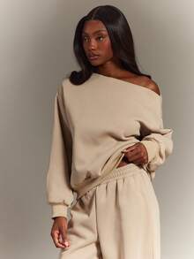 Hauture Áo nỉ dài tay màu trơn dáng rộng, vai lệch, kiểu dáng thường ngày. - Màu Khaki - Xem 2