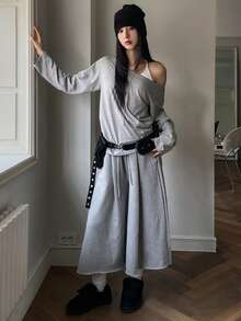 DAZY 复古美式极简高腰百搭休闲阔腿七分裤 - 灰色 - 查看 5