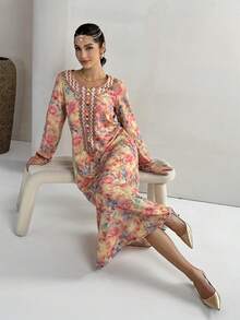 Yasmyna 女士几何刺绣花卉印花休闲日常派对阿拉伯传统长袖连衣裙 - 粉色 - 查看 5